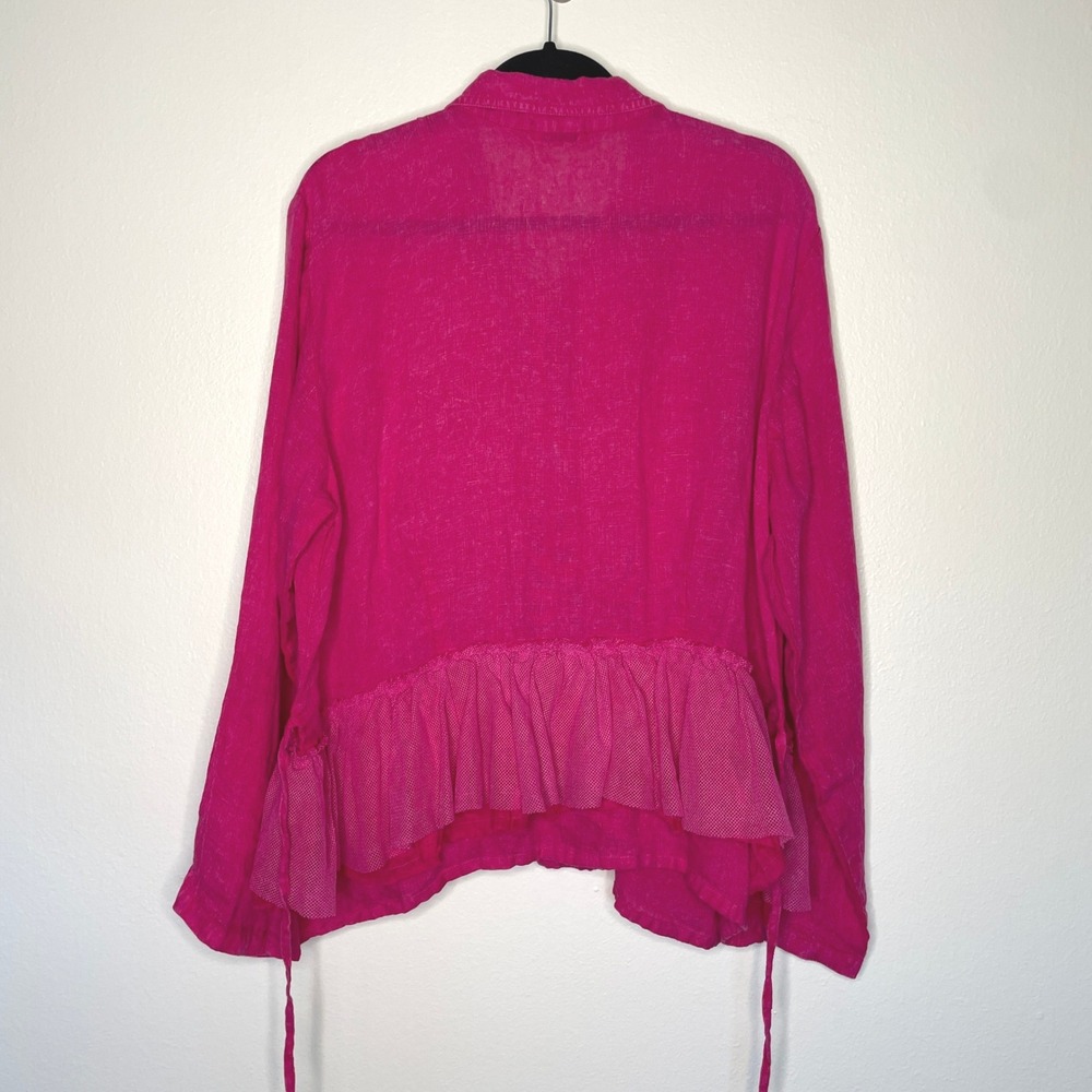 Krista Larson 100% Linen Hot Pink Tie Waist Peplum Blouse Jacket OS Lagenlook - Picture 6 of 9